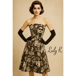 Vintage Luly K Strapless Black White Photo Print Dress Retro Glam 50s Style M